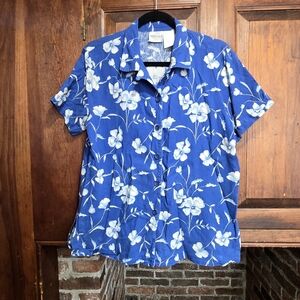 Vintage Blue and White Linen Blend Floral Button Shirt by JR Bentley - Size 10